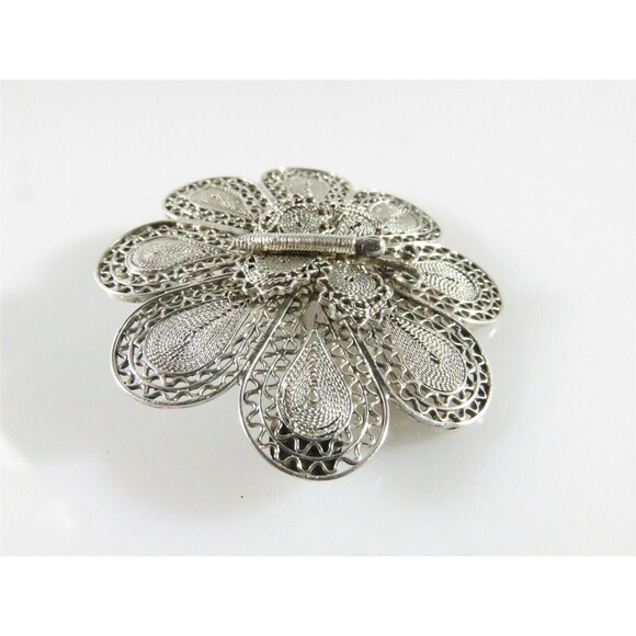 Unusual Lovely 800 Silver Filigree Flower Brooch with Butterfly in the Center - Picture 5 of 11